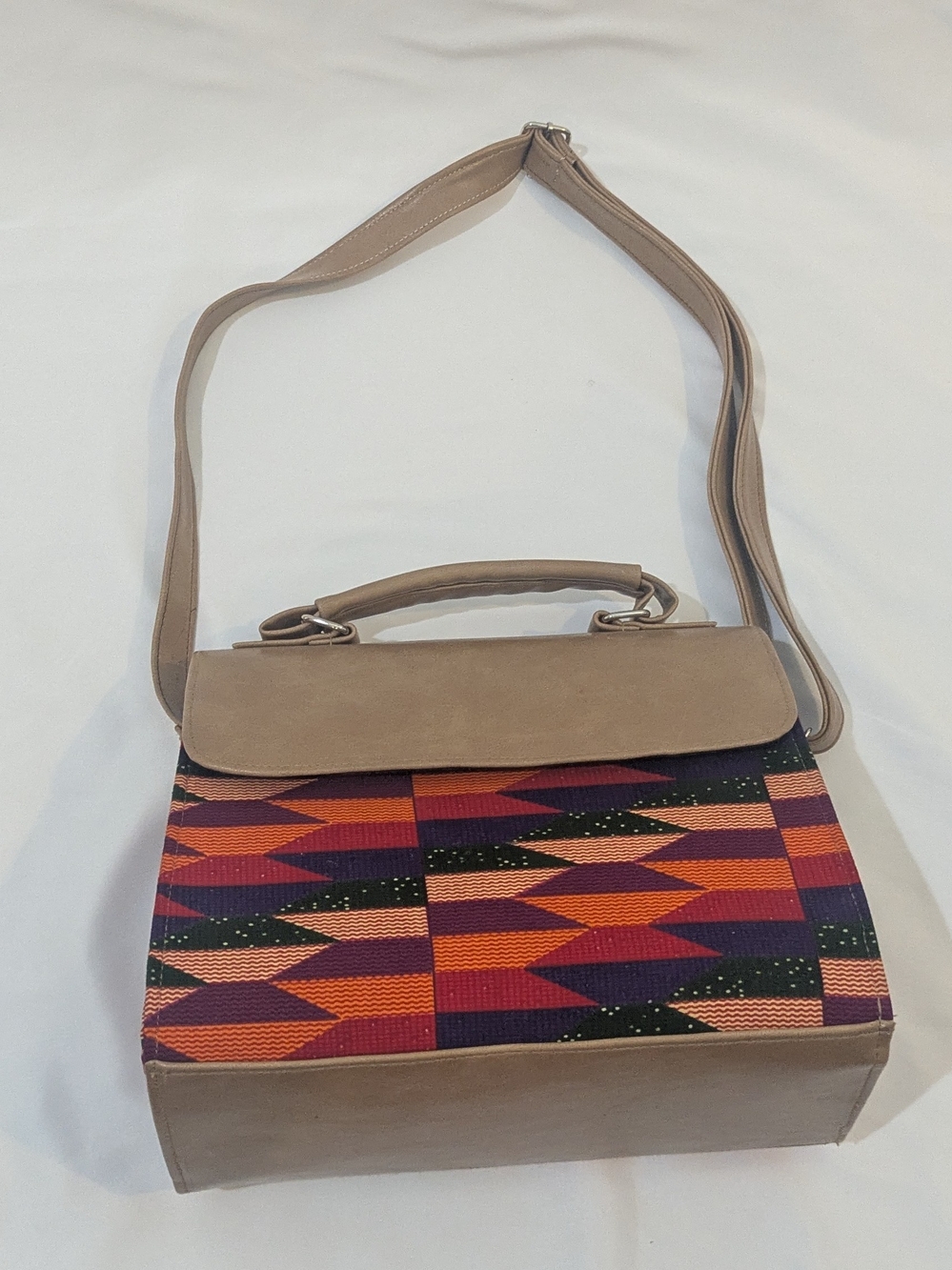 Neutral Top-Handle Shoulder Bag with Multicolor Geometric Panel